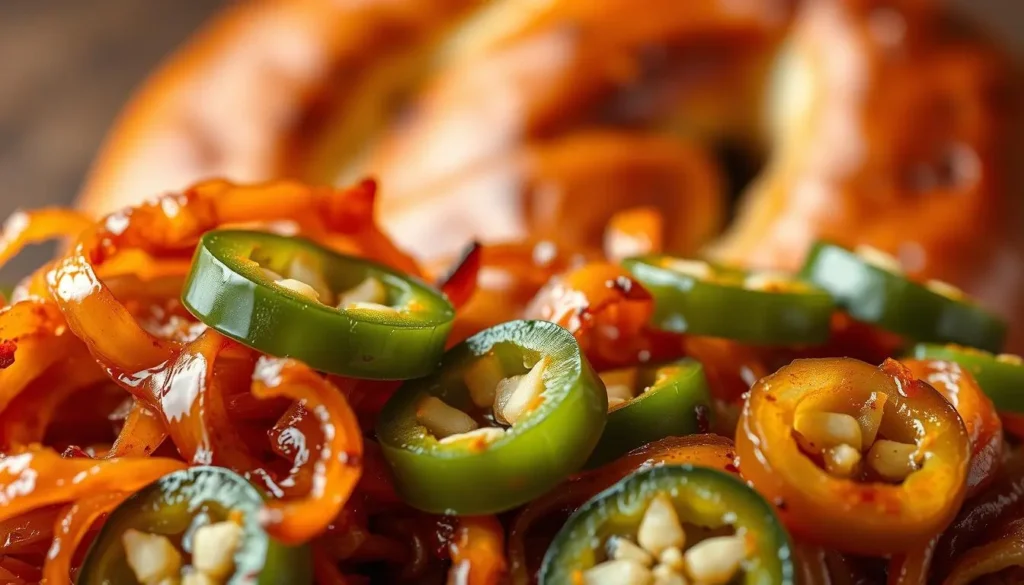 Caramelized onions and jalapeños, glistening with a rich, golden-brown hue, occupy the foreground of the frame. The onions, their layers delicately peeled back, emit a mouthwatering aroma, while the jalapeños add a vibrant pop of color and a hint of spice. In the middle ground, the warm, rustic tones of a pretzel bun texture create a harmonious backdrop, hinting at the savory burger to come. Soft, directional lighting casts gentle shadows, highlighting the intricate details and creating a cozy, inviting atmosphere. The composition is carefully balanced, drawing the viewer's eye to the captivating combination of flavors and textures.