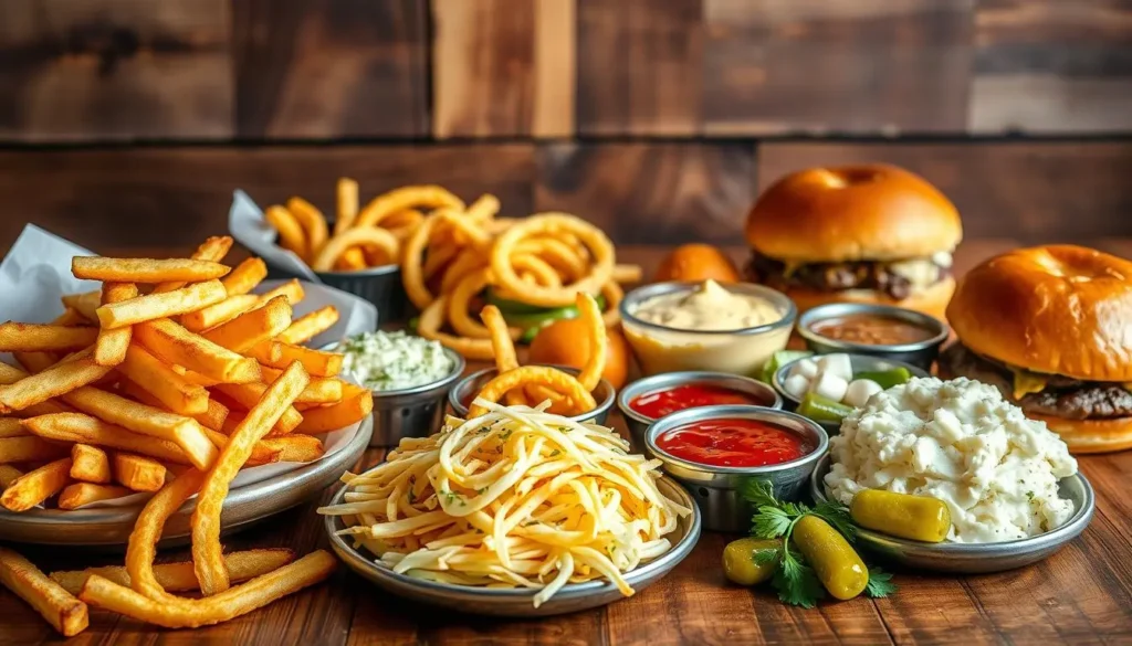 A lush, well-lit tabletop scene showcasing an assortment of savory burger side pairings. In the foreground, an array of thick-cut fries, crisp onion rings, and a creamy coleslaw. In the middle ground, a selection of tangy pickles, zesty sauces, and freshly baked pretzel buns. The background features a rustic wooden surface, with a hint of industrial-chic lighting that casts a warm, inviting glow. The overall composition evokes the mouthwatering flavors and textures that complement the bold, satisfying taste of a pretzel bun burger.