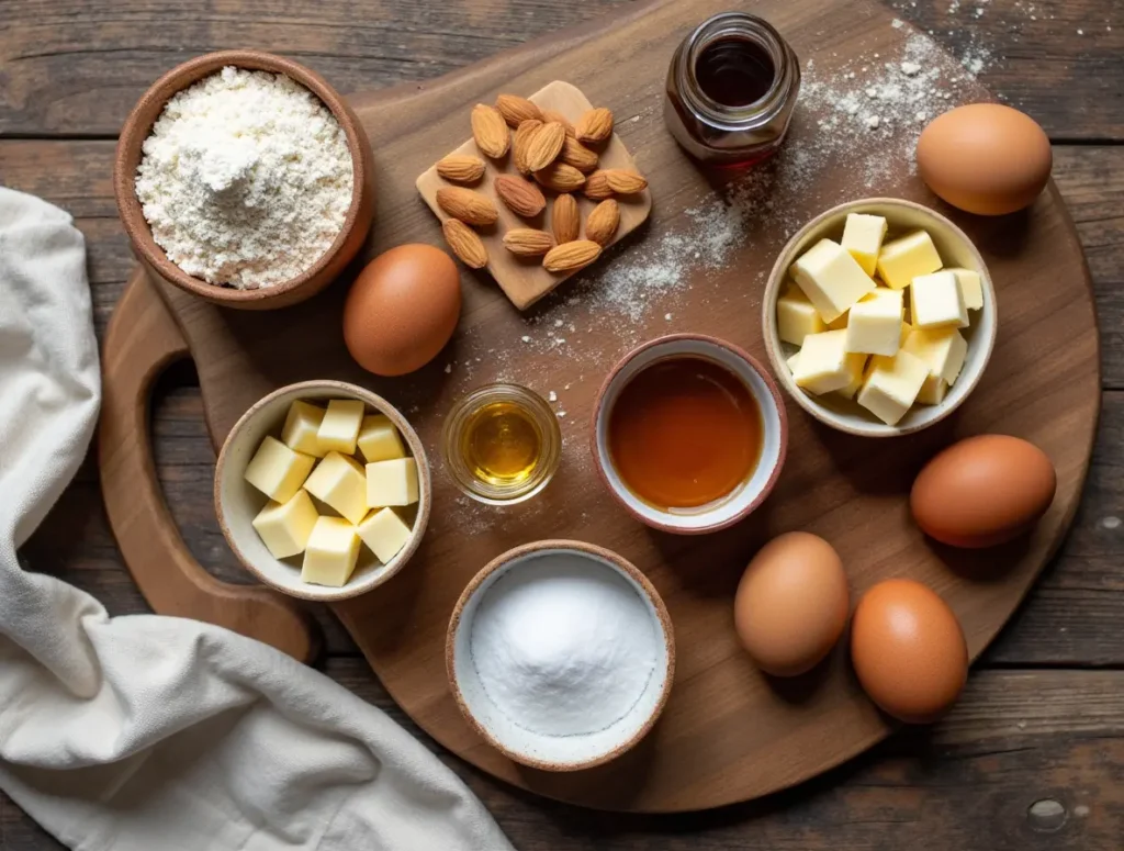 A neatly arranged still life showcasing the essential ingredients for delectable almond croissant cookies. In the foreground, a pile of freshly ground almond flour sits alongside a few whole almonds, their rich brown hues complementing the golden pastry in the background. Slabs of creamy butter and a sprinkling of granulated sugar occupy the middle ground, hinting at the buttery, sweet goodness to come. Subtly lit from above, the scene exudes a warm, inviting atmosphere, enticing the viewer to imagine the aroma of these artisanal treats. Almond cookie ingredients in bowls on rustic table.