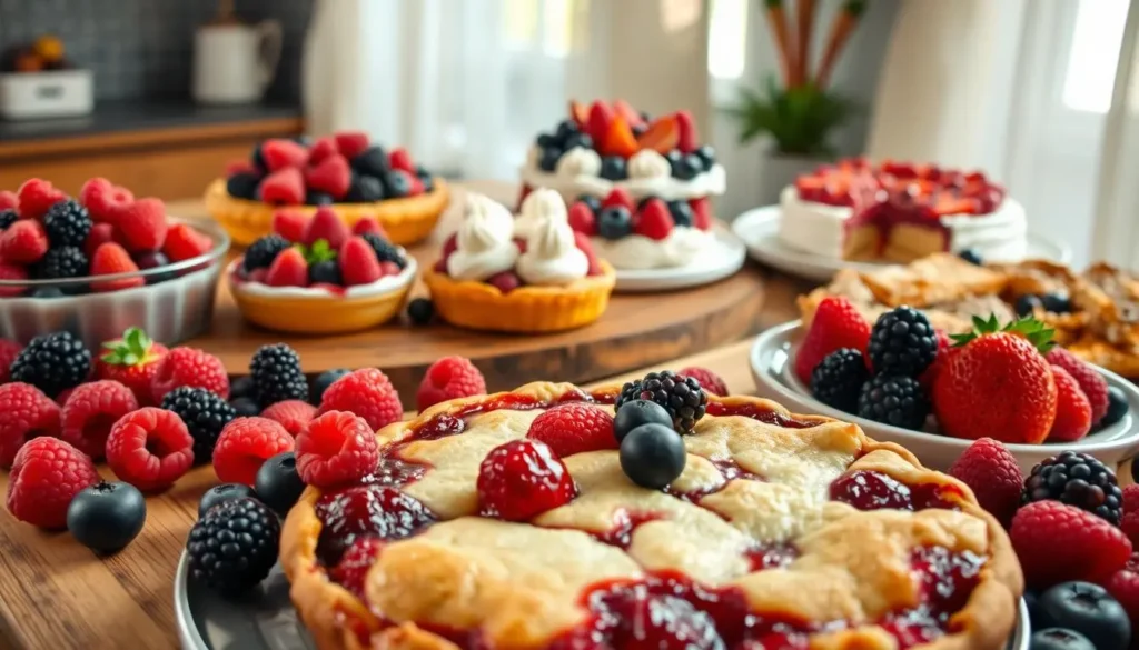 A bountiful display of fruit-based desserts, captured in a warm, inviting scene. In the foreground, a decadent mixed berry cobbler with a golden, flaky crust, surrounded by an assortment of seasonal berries - plump raspberries, juicy blackberries, and tart blueberries. In the middle ground, a rustic wooden table showcases a selection of complementary fruit desserts, such as a vibrant fruit tart with a glossy glaze, a delicate berry pavlova with dollops of whipped cream, and a fruit-studded coffee cake. The background features a cozy kitchen setting, with soft natural lighting filtering through sheer curtains, highlighting the rich colors and textures of the desserts. The overall atmosphere evokes a sense of homemade comfort and culinary experimentation, perfectly capturing the essence of customizing a classic mixed berry cobbler.