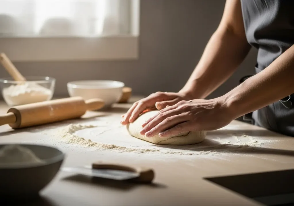 A kitchen counter, well-lit with soft, natural lighting, is the stage for a hands-on dough mixing scene. In the foreground, a pair of skilled hands knead a lively, golden-hued dough, working it with precision and care. The dough's supple texture is palpable, as it yields and stretches under the baker's experienced touch. In the middle ground, a large mixing bowl, dusted with flour, sits alongside a wooden spoon, a testament to the process that has led to this moment. The background features a clean, minimalist kitchen setting, allowing the focus to remain on the artful act of dough making. The overall mood is one of concentration, creativity, and the joy of crafting something nourishing from humble ingredients.